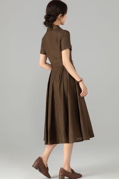Coffee Linen Dress - Retro Midi Shirt Dress with Belted Waist 5711