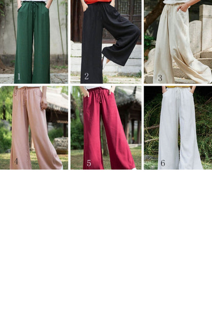 Linen Cotton Wide Leg Pants - Elastic Waist Side Pockets 6 Colors | Xiaolizi 2879