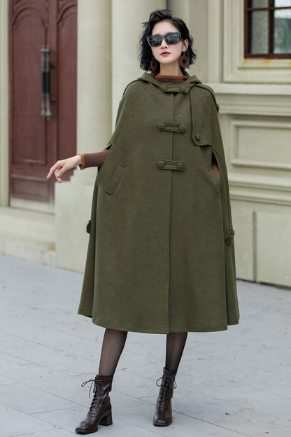 Green Wool Cape Coat – Vintage Military Hooded Winter Overcoat | Xiaolizi 5351