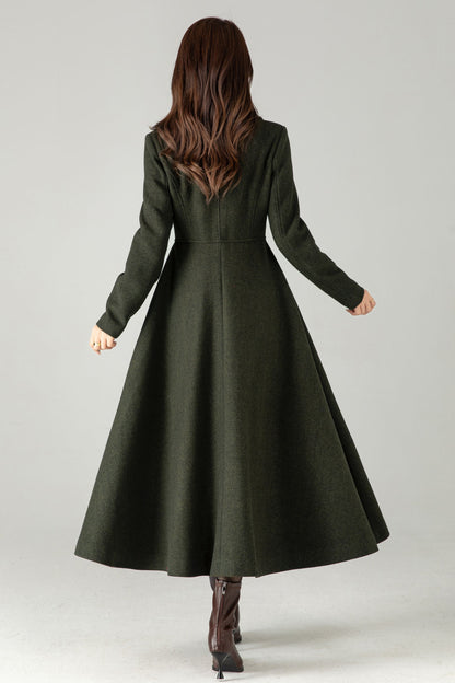 Army Green Herringbone Wool Coat – Elegant A-Line Maxi Winter Coat | Xiaolizi 6574