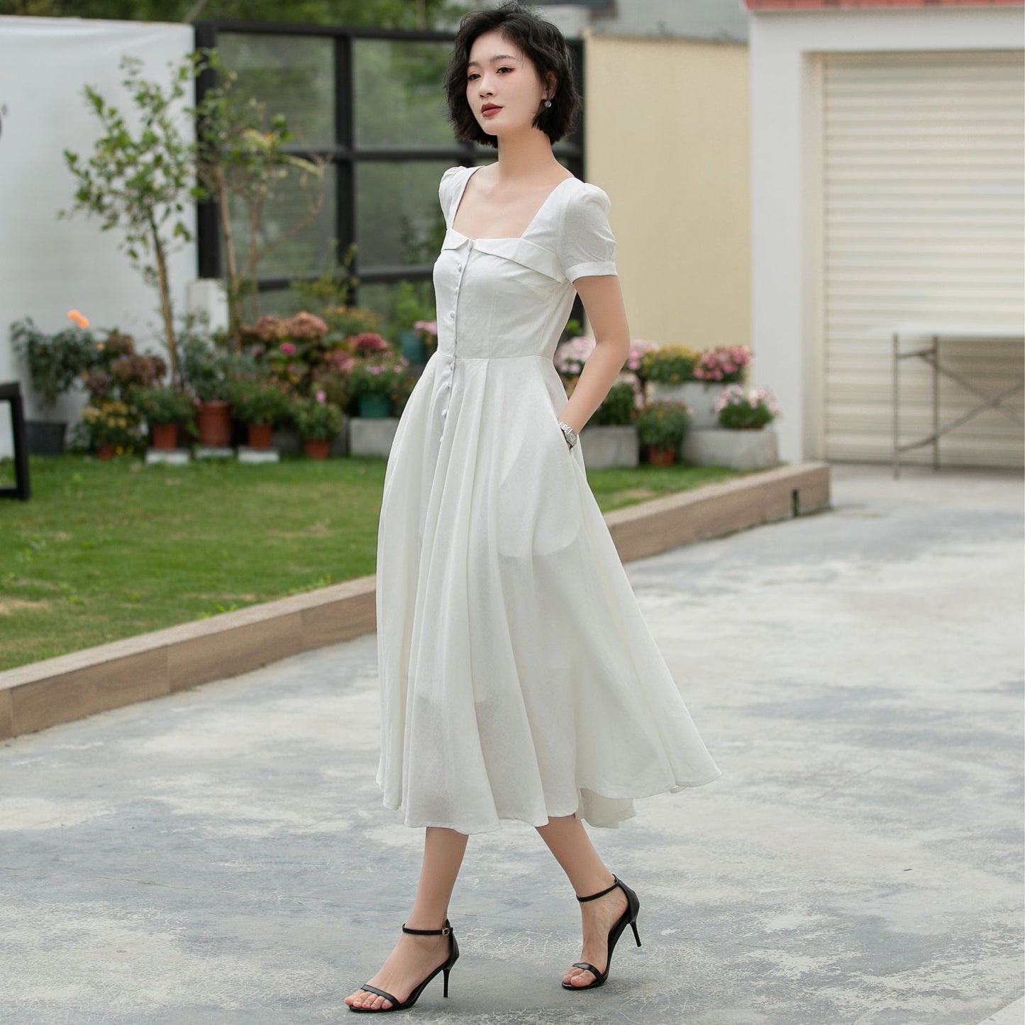 White Linen Midi swing Dress 5980