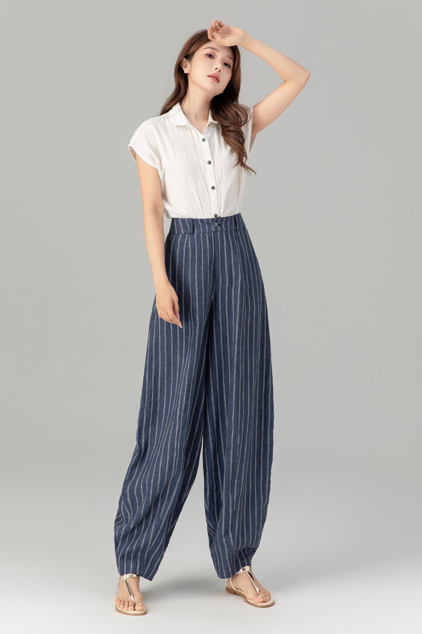 Plus size blue striple long linen pants 4939