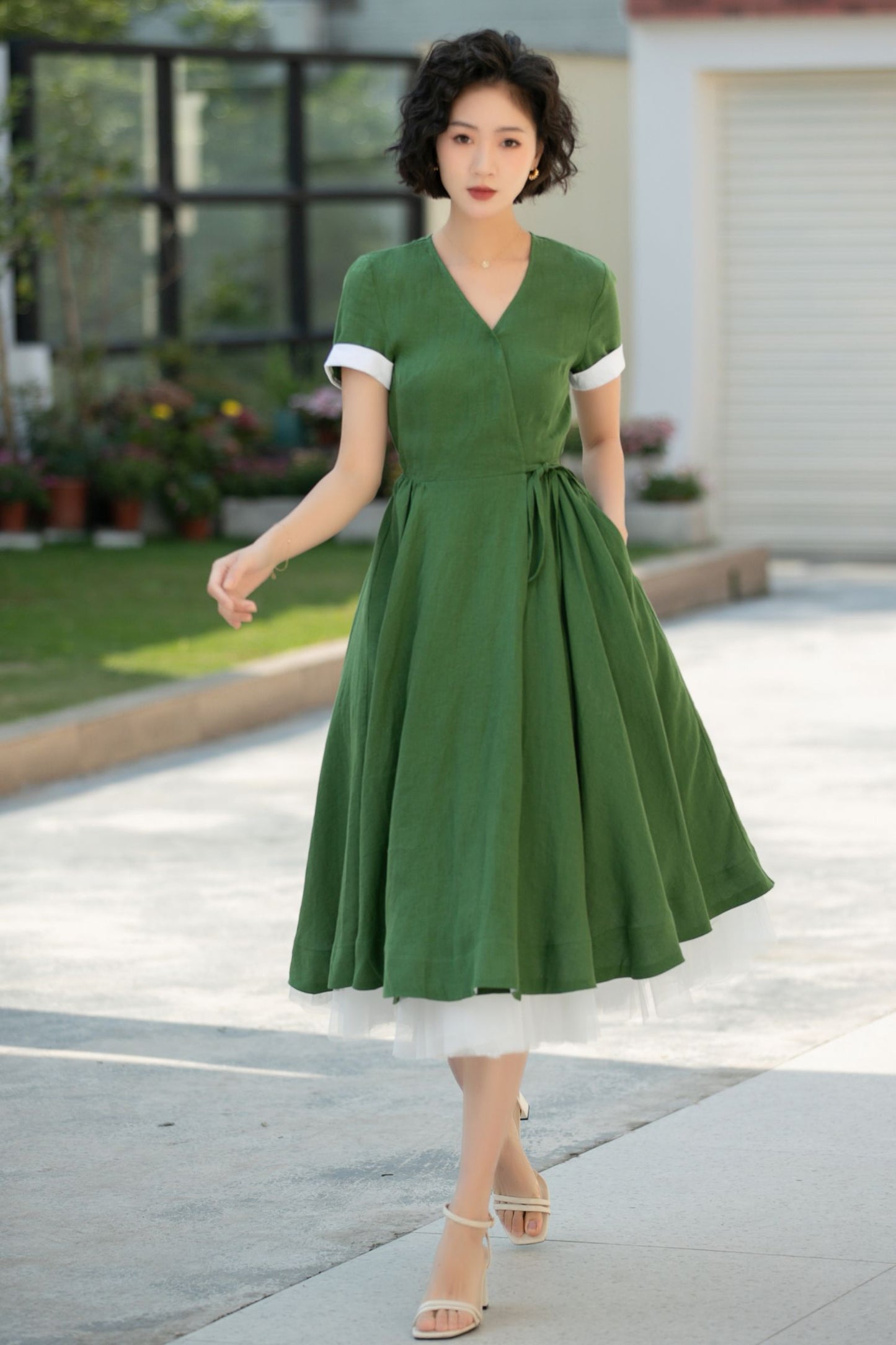 Green V-Neck Swing Midi dress with Waist Tie 5991 - S #CK2500302