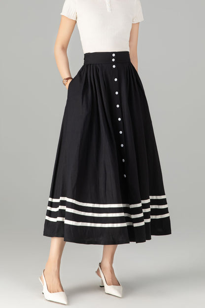 Stylish Button-Up Linen Skirt with Striped Hem 5712 -XS #CK2500362