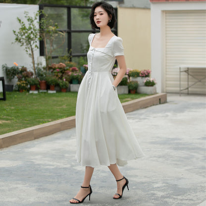 White Linen Midi Swing Dress - Square Neckline with Puff Sleeves 5980