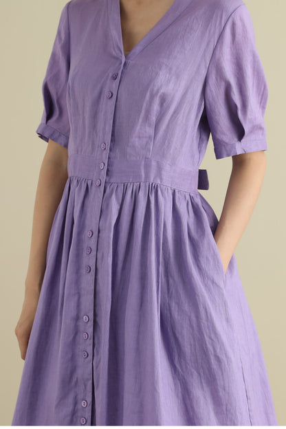 Button up purple midi linen dresses 2796
