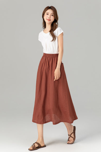 Rust Linen A-Line Midi Skirt - Elastic Waist with Pockets 4905