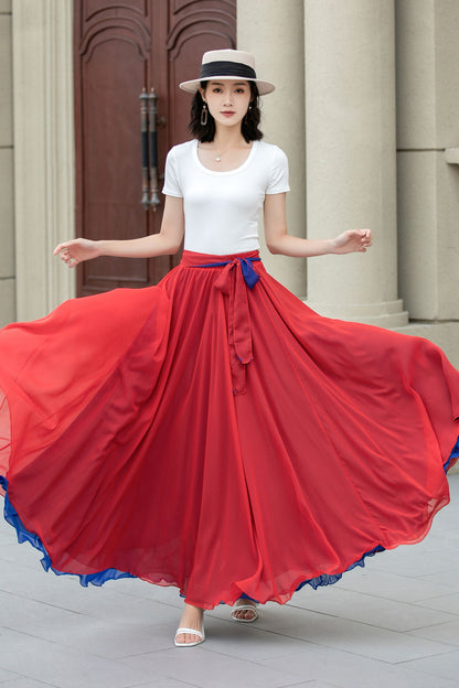 Red Chiffon Ankle-Length Skirt - Elastic Waist with Belt 5108
