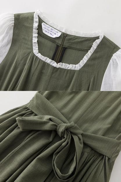 Army Green Linen Cotton Midi Dress - Square Neck Ruffle | Xiaolizi 5705