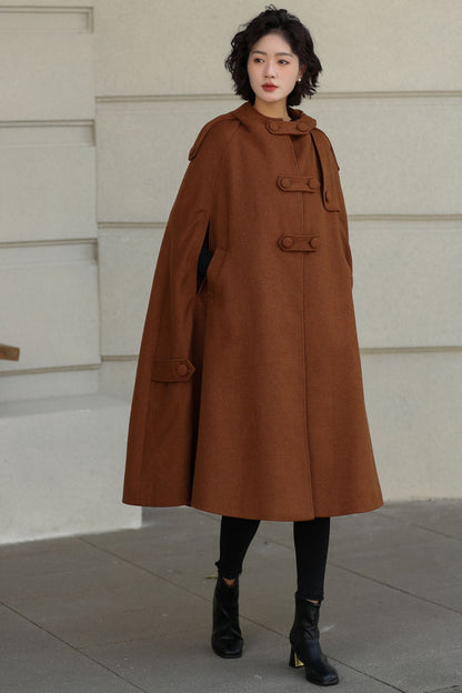 Handmade Wool Hooded Cape – Vintage Winter Cloak Coat with Pockets 6527