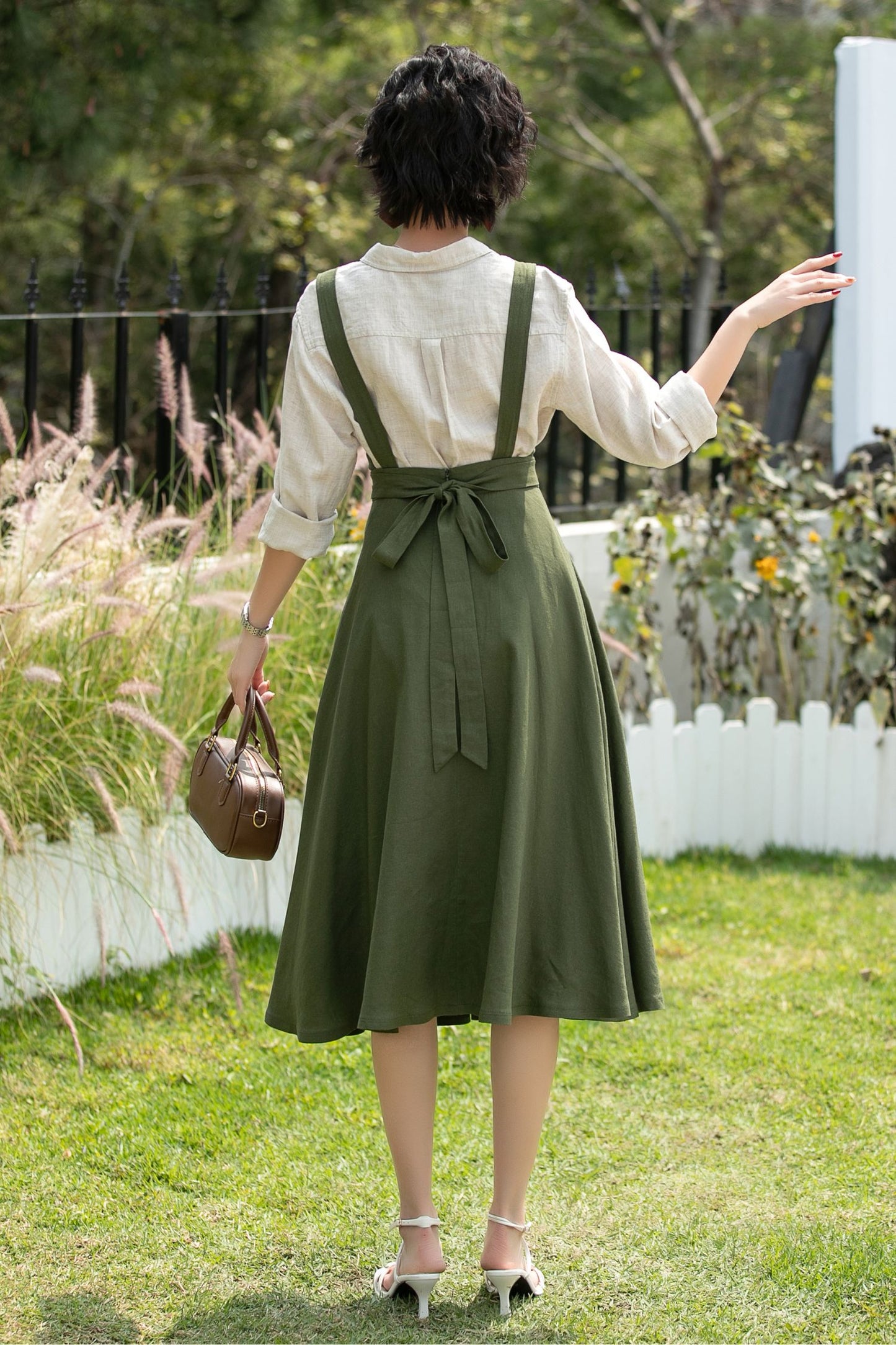 Olive Linen Cotton Pinafore Dress - Midi Fit Flare | Xiaolizi 6745