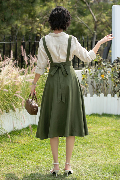 Olive Linen Cotton Pinafore Dress - Midi Fit Flare | Xiaolizi 6745