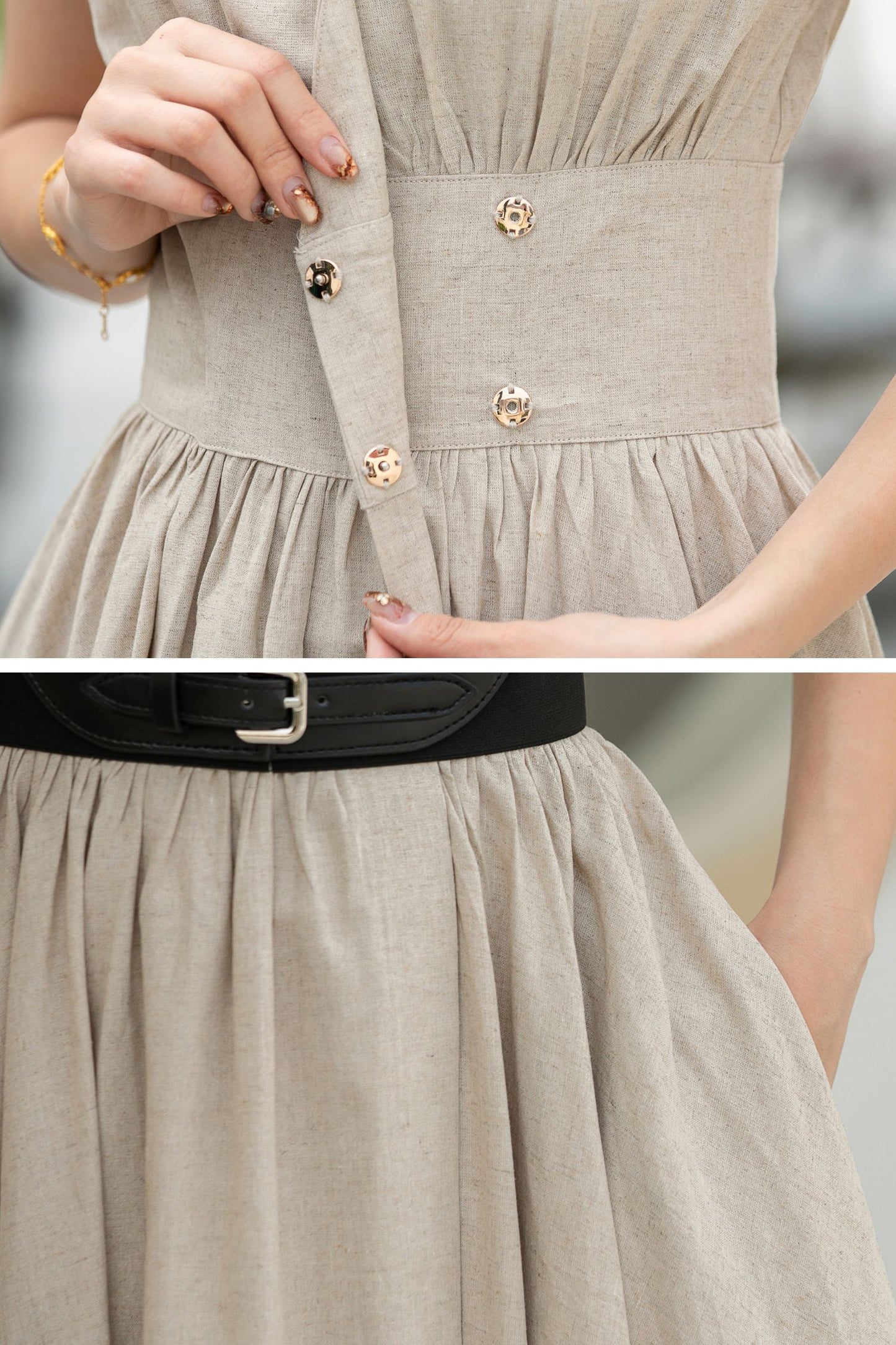 Beige Linen Wrap Dress – Short Sleeve Midi Dress with Belt & Pockets 5836