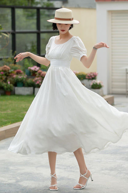 White Linen Midi Dress - Puff Sleeve, Empire Waist Swing 5983