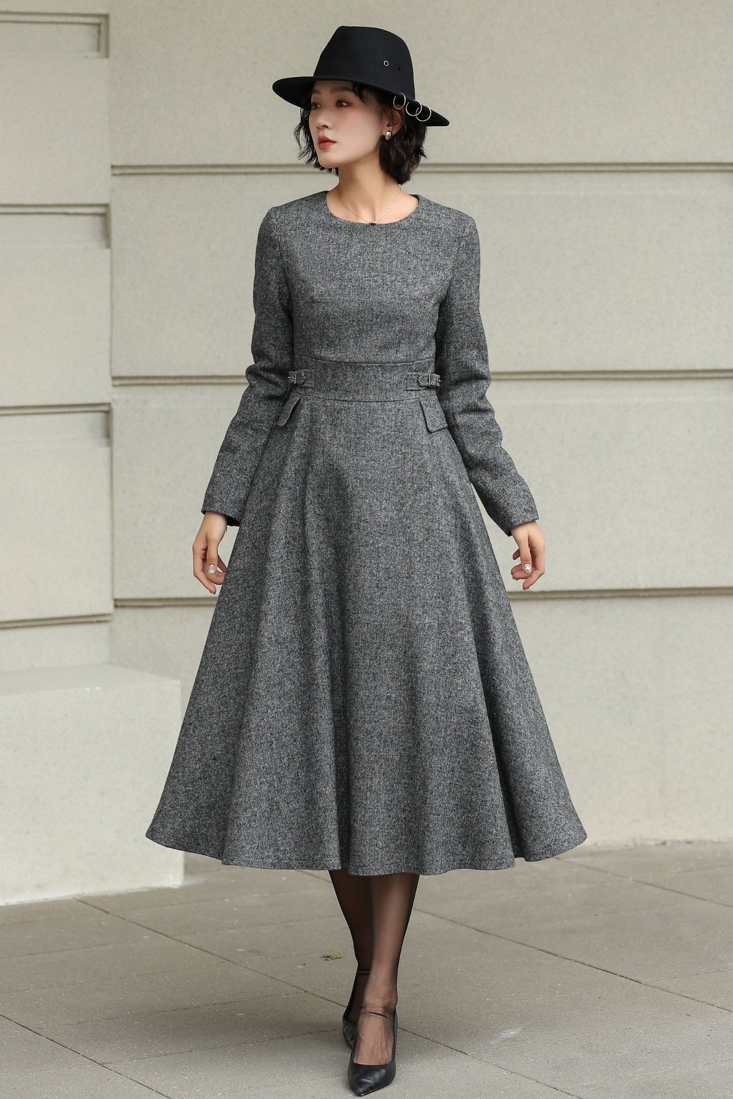 Classic Gray Fit And Flare Wool Dress 6530