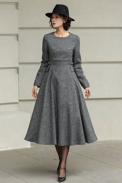 Classic Gray Fit And Flare Wool Dress 6530
