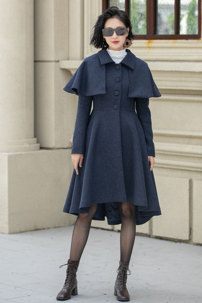 Navy Blue Wool Coat – Vintage Winter Cape Overcoat with High-Low Hem 5352