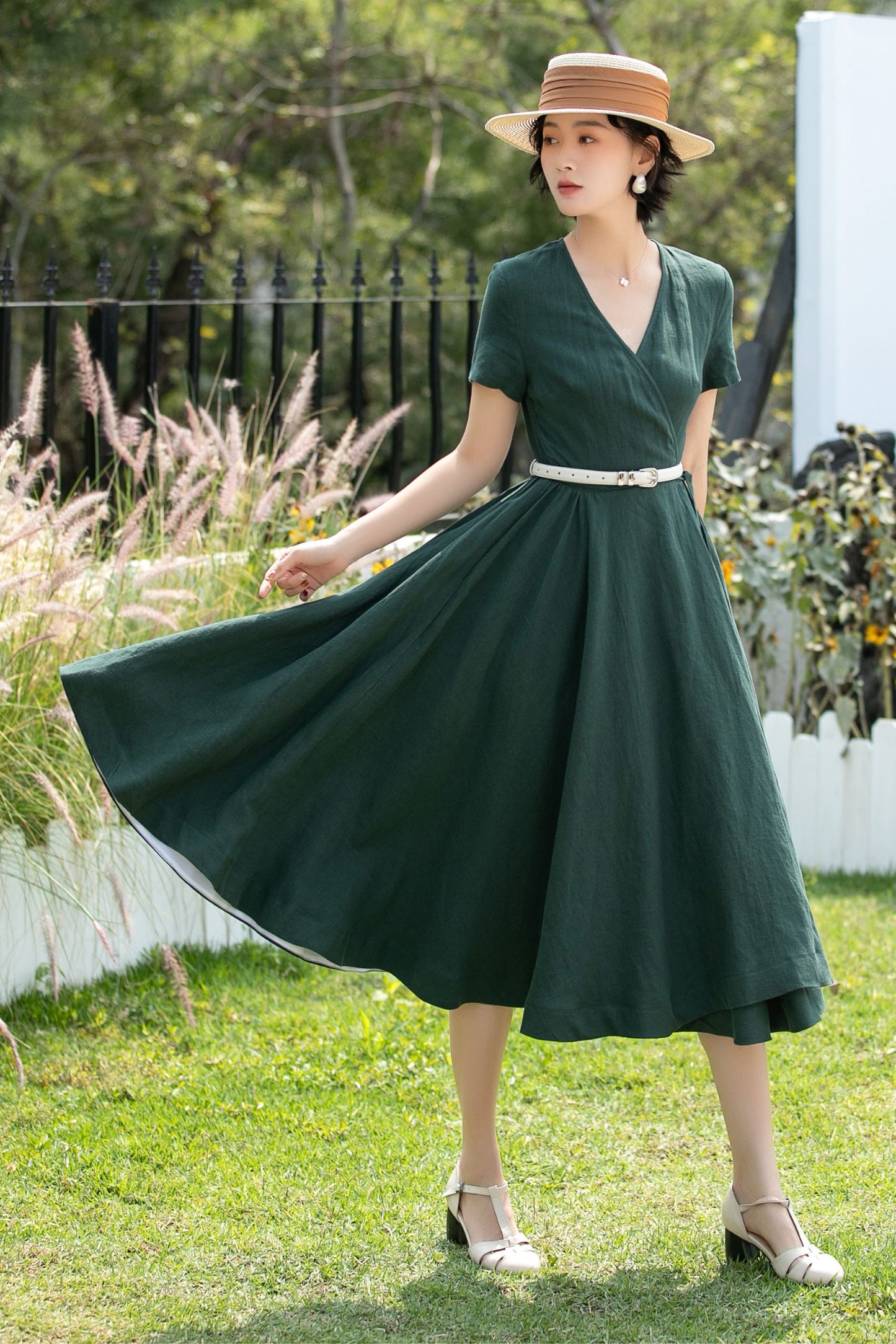 V-Neck Linen Fit and Flare Midi Dress | Xiaolizi 6739 - Size XS #CK2600280