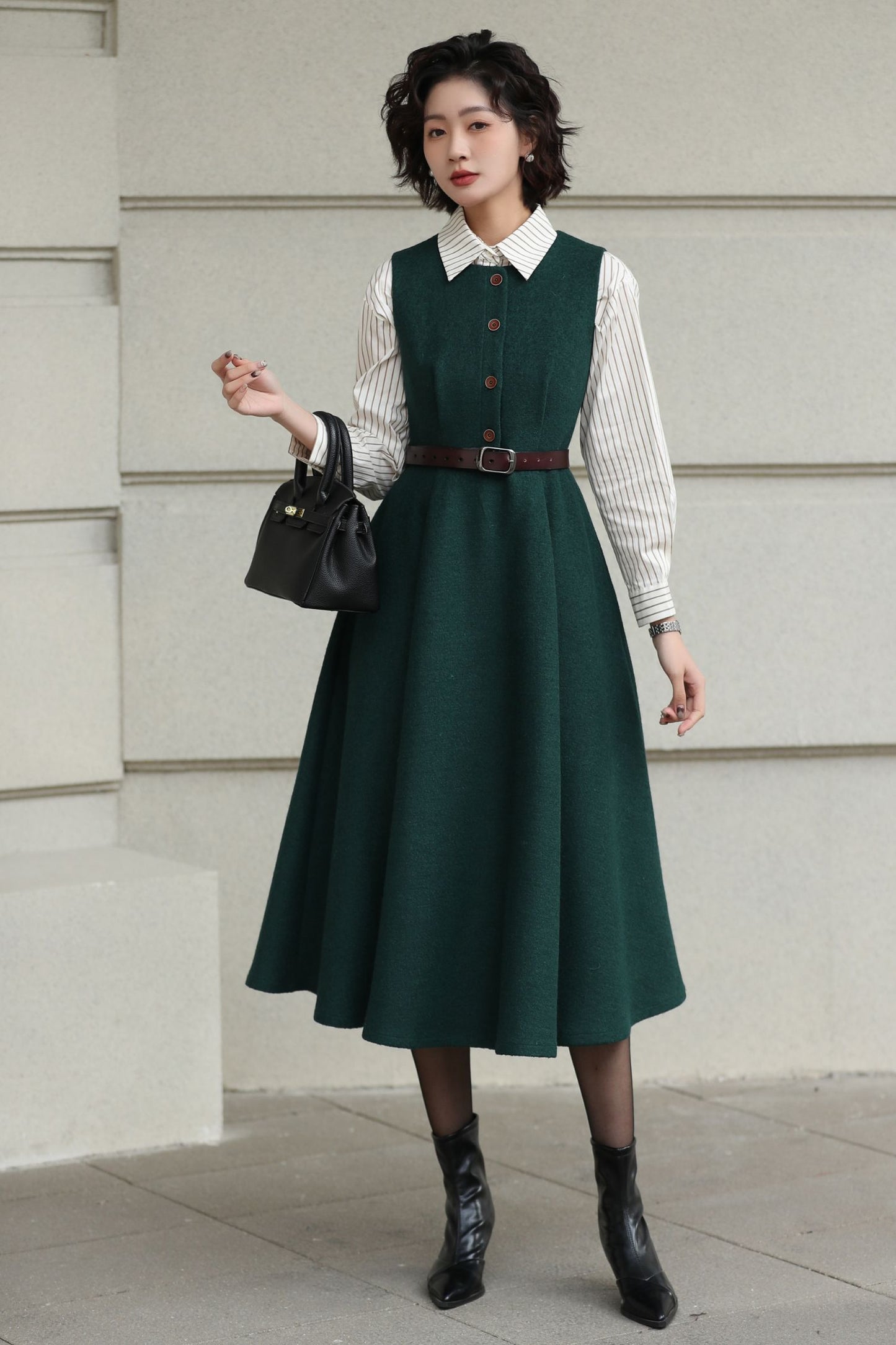 Handmade Vintage Wool Dress – Green Sleeveless A-Line Midi Winter Dress 6615