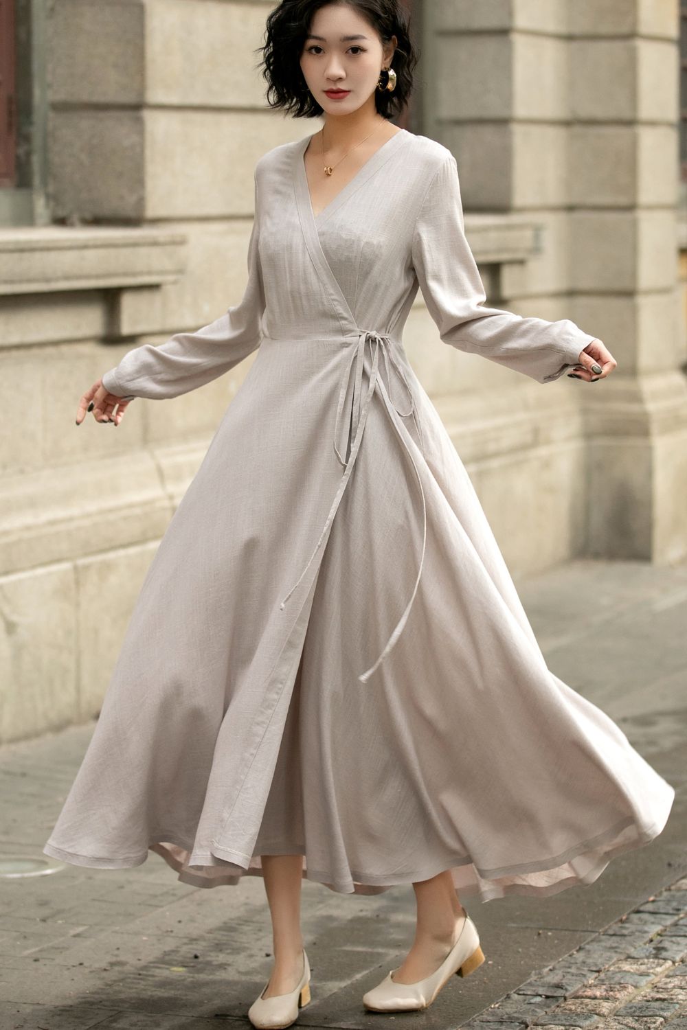 Long sleeves gray wrap linen dress 5672