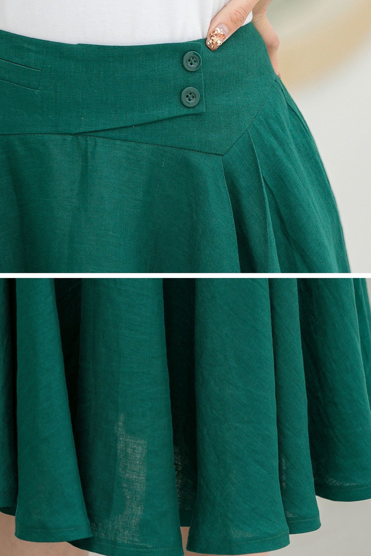 Classic Dark Green Linen Midi Skirt – High-Waisted A-Line Flare – 5834
