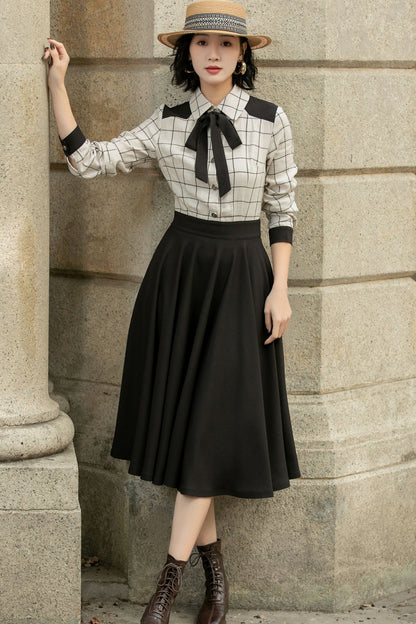 Plaid Linen Cotton A-Line Midi Dress - Relaxed Fit, Shirt Collar 5686