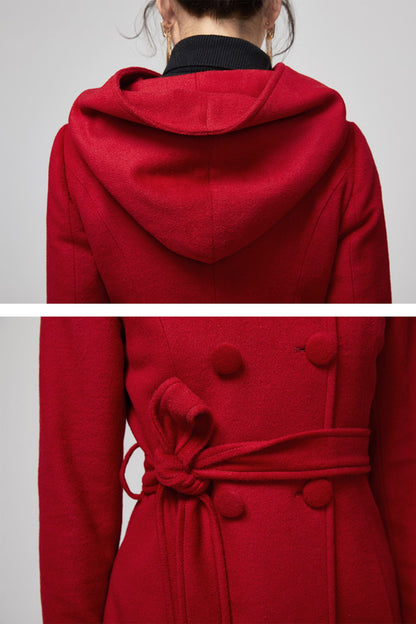 Red Wool Coat - Hooded Double Breasted Tie Waist 5612