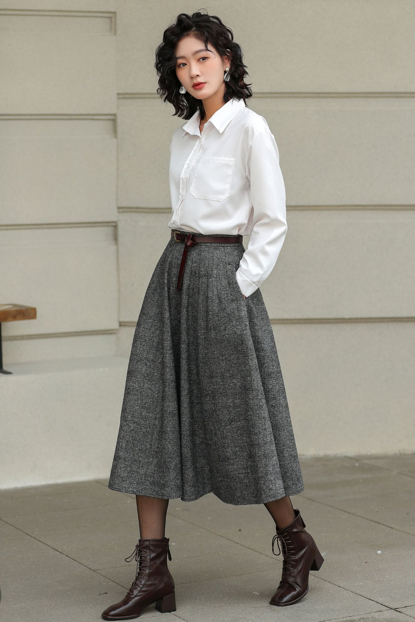 Grey Wool Pleated Midi Skirt - A-Line Silhouette with Pockets 6416