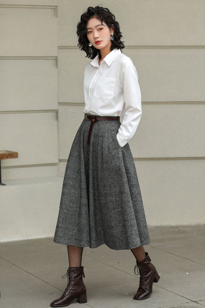 Grey Wool Pleated Midi Skirt - A-Line Silhouette with Pockets 6416