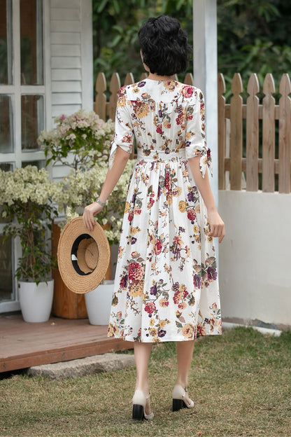 Xiaolizi Floral Linen Midi Dress – Vintage V Neck A-Line 6699