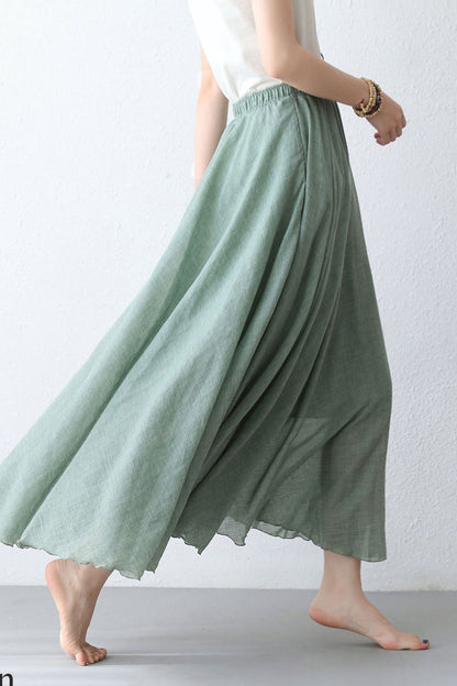 Handmade Linen Maxi Skirt Beige – High-Waist Flowy Circle Hem – 2820