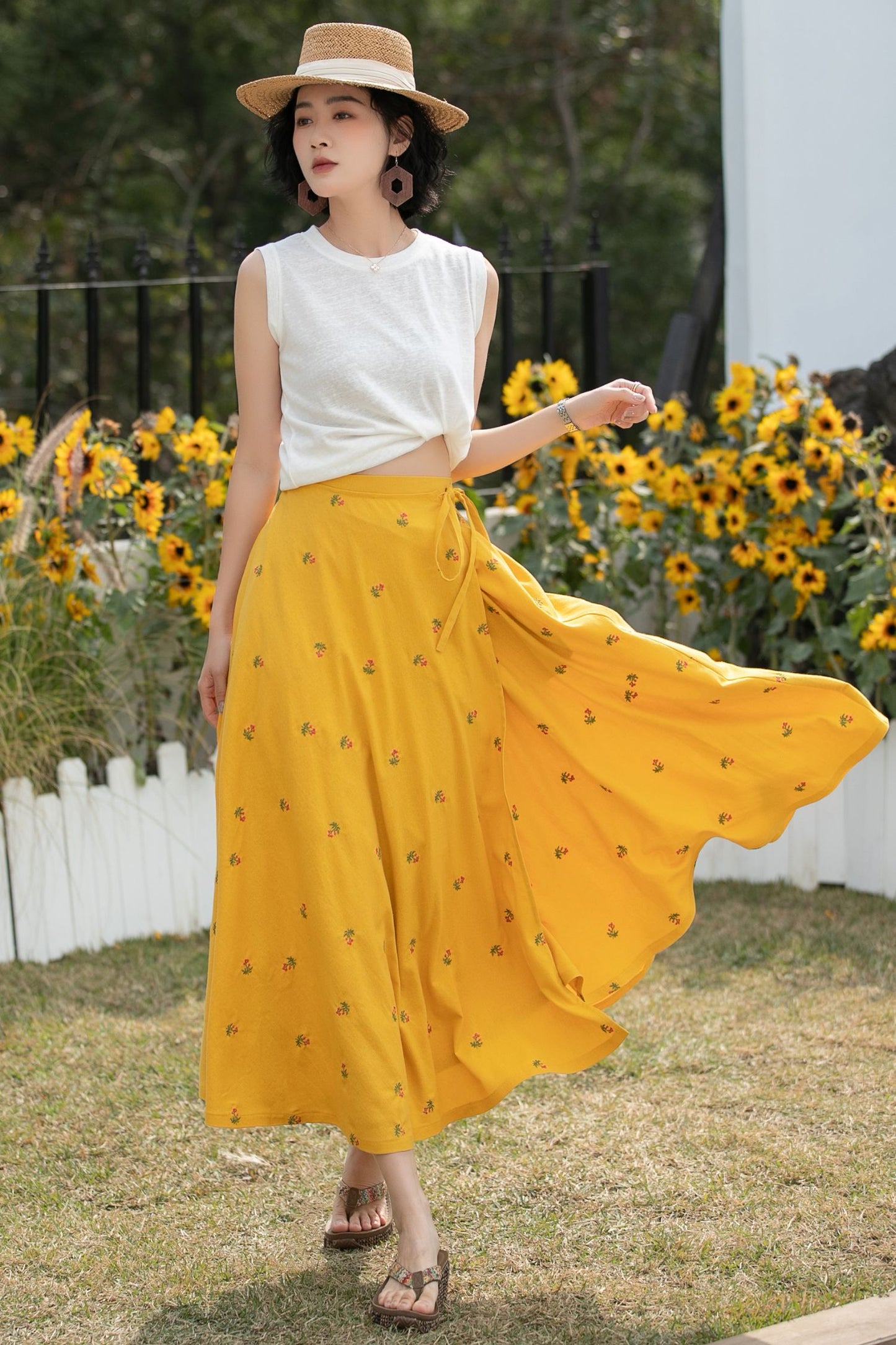 Xiaolizi Linen Wrap Midi Skirt – Mustard Yellow Floral A-Line Summer Skirt 6688