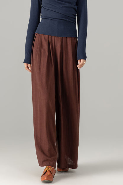 Brown Linen Cotton Wide Leg Pants - Fabric Belted Waist 5700