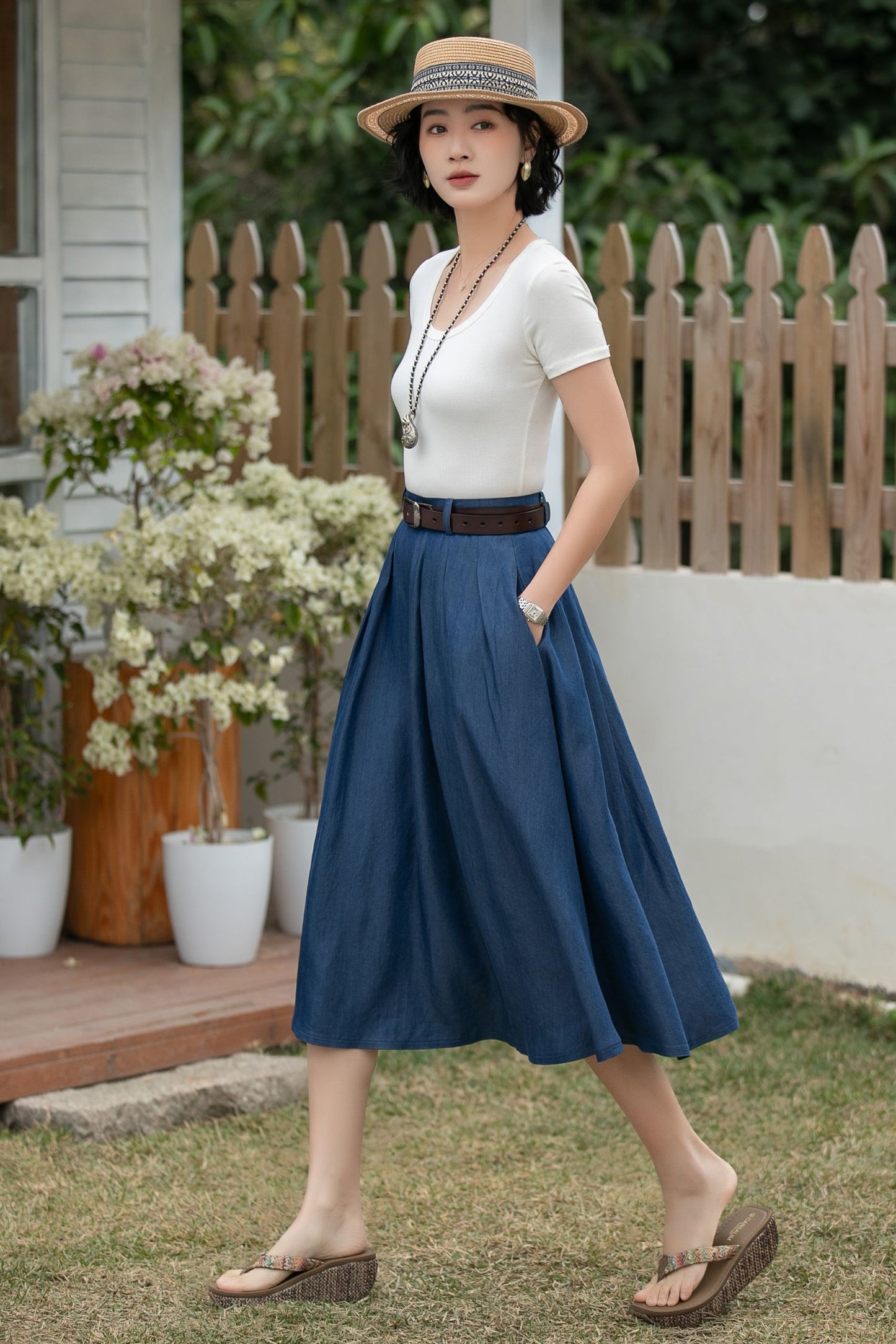 Xiaolizi Tencel Denim Midi Skirt – Vintage High Waist A-Line 6697 Size XS #CK2600181