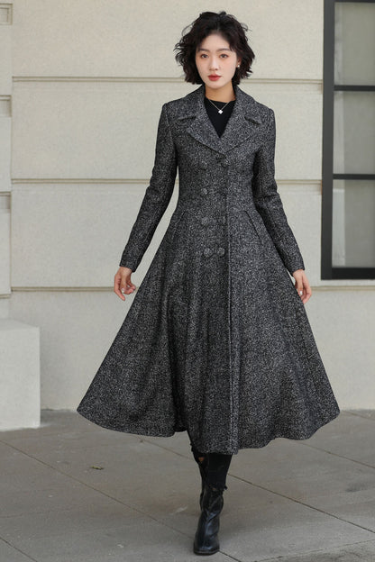 Long Wool Swing Coat – Vintage 1950s Double Breasted Overcoat 6528