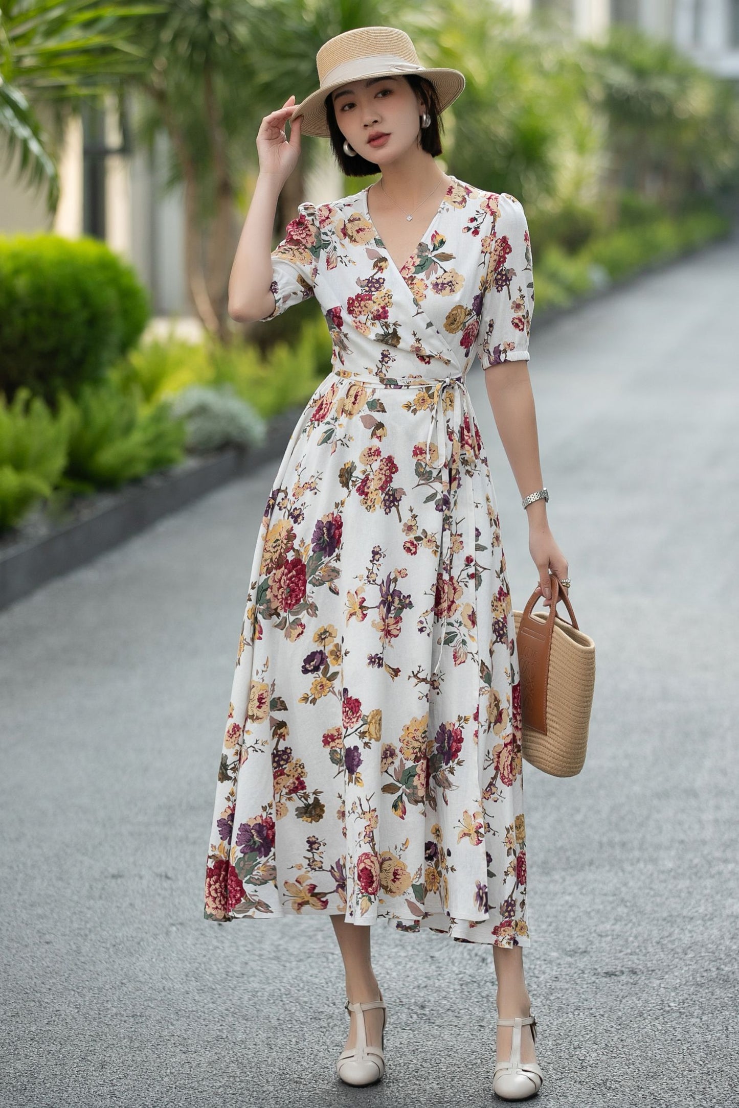Floral Linen Cotton Wrap Midi Dress – Vintage V-Neck Summer Dress 6667