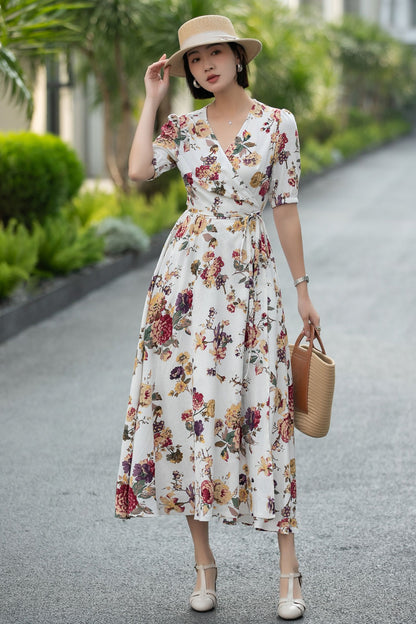 Floral Linen Cotton Wrap Midi Dress – Vintage V-Neck Summer Dress 6667