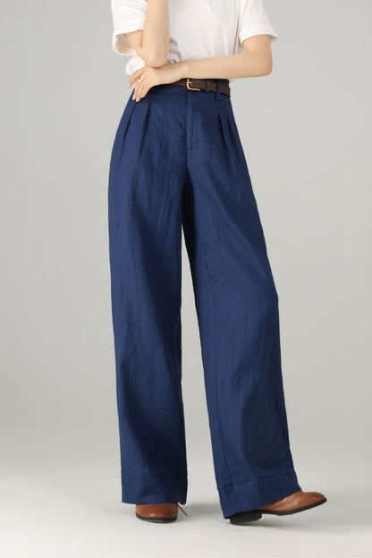 Blue Linen Cotton Wide Leg Pants - Palazzo High Rise | Xiaolizi 5758