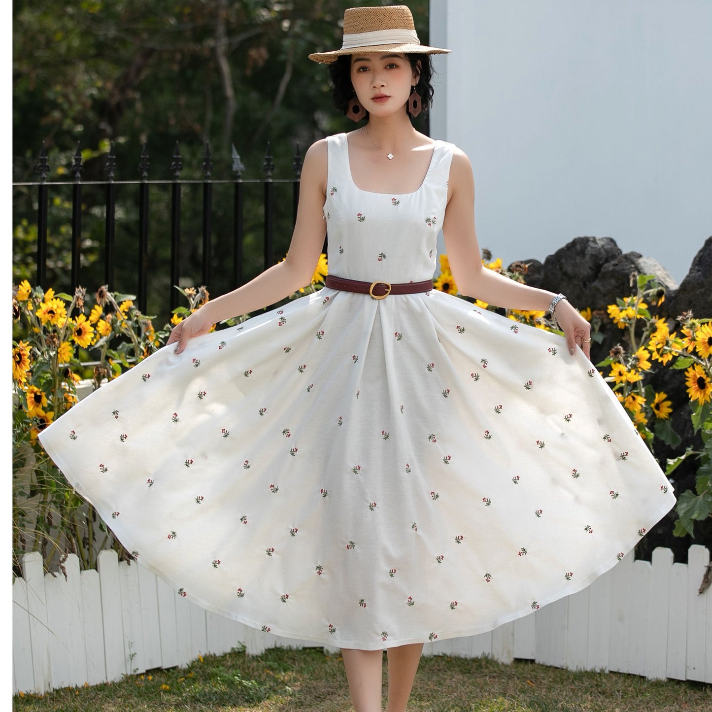 Xiaolizi Vintage Linen Midi Dress – Handmade Square Neck A-Line Summer Dress with Pockets 6685 -size XS #CK2600157
