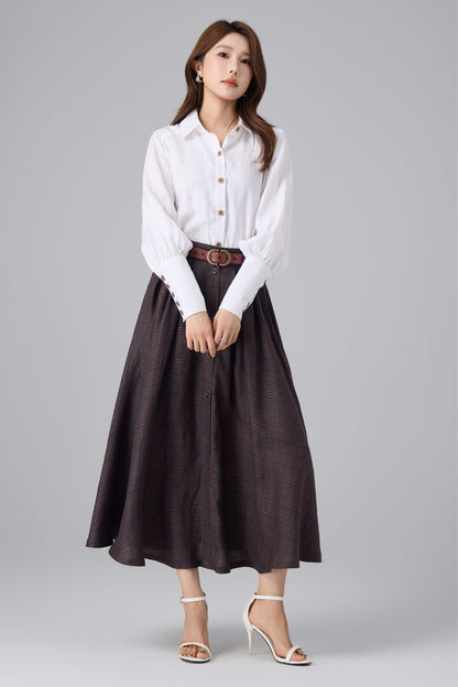Brown Linen Cotton Skirt - Plaid High Waist | Xiaolizi 6756