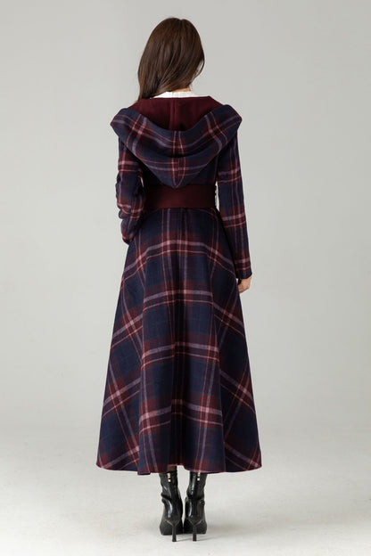 Plaid Hooded Wool Coat – A-Line Long Winter Coat with Contrast Lapel | Xiaolizi 6570