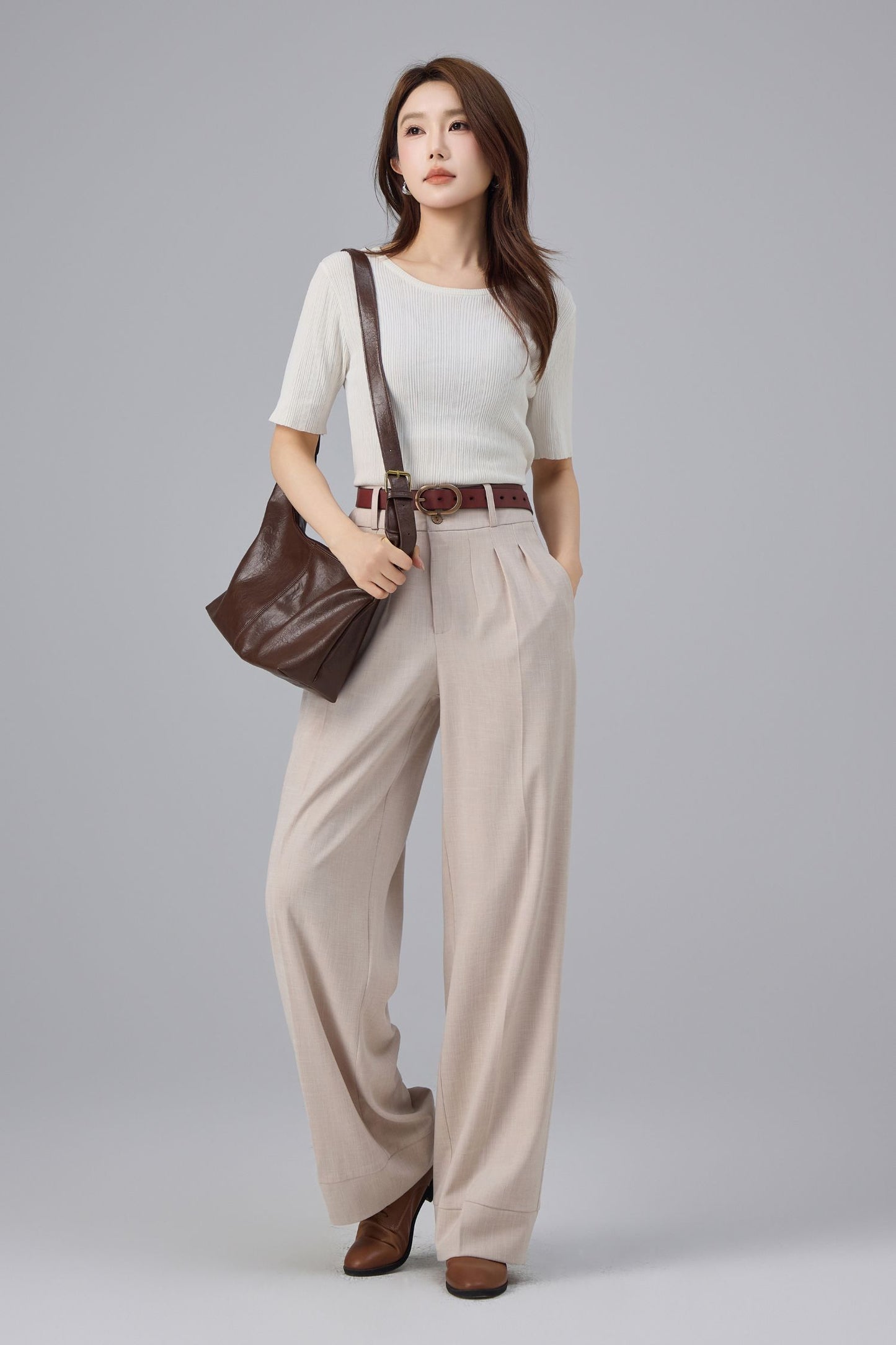 Beige Polyester Wide Leg Pants - High Waist Pleated | Xiaolizi 6761
