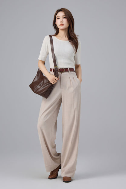 Beige Polyester Wide Leg Pants - High Waist Pleated | Xiaolizi 6761