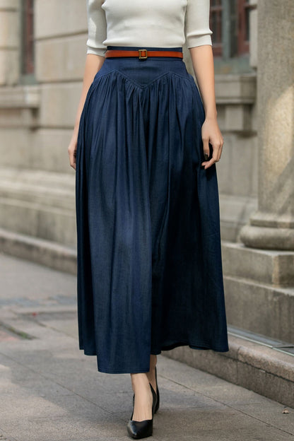 Navy Cotton Maxi Skirt - High Waist Pleated Two Pockets | Xiaolizi 5688