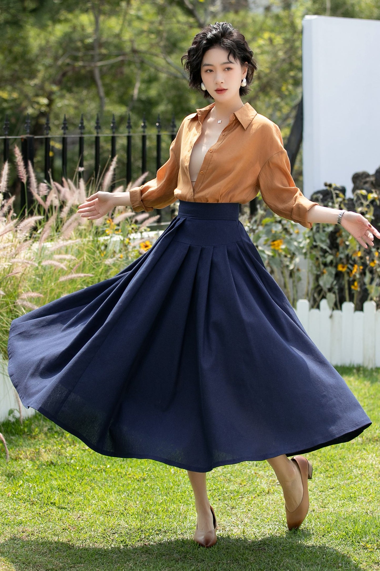 Deep Navy Linen Cotton Midi Skirt High Waist | Xiaolizi 6736- Size XS #CK2600283