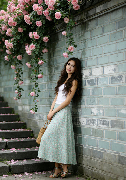 Handmade Floral Linen Cotton Skirt – Green Maxi Summer Skirt with Pockets | Xiaolizi 6784