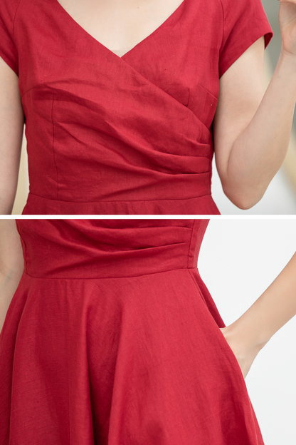 Red Linen Midi Dress - Fit and Flare A-Line with V-Neck 5831