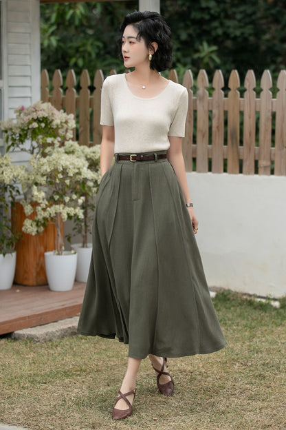 Xiaolizi Army Green Linen Midi Skirt – Vintage High Waist A-Line 6695