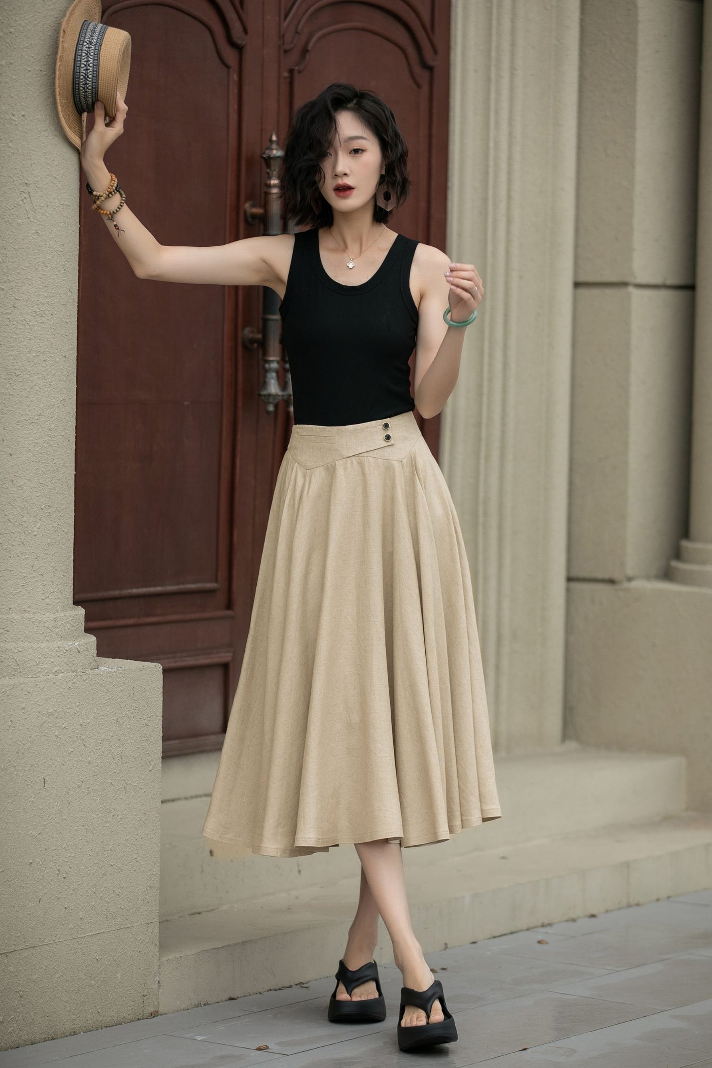 Swing midi summer linen skirt women 5238