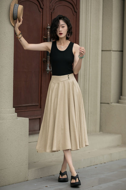 Handmade Linen Swing Skirt – High Waist Pleated Midi Skirt for Spring Summer 5238